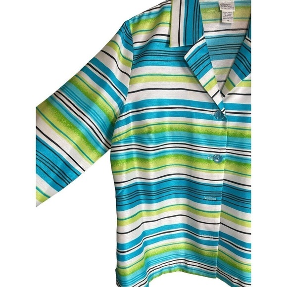 Giorgio Fiorline Stripe Blouse Size 14 Shiny Blue Green Button Front Vintage 90s - Picture 3 of 5